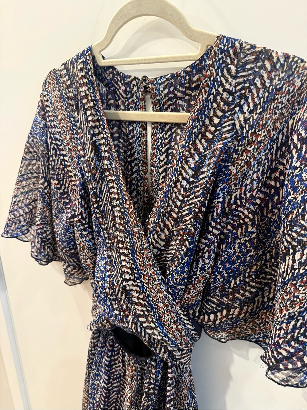 Anna Sui Metallic Blue, White and Brown Printed Midi Wrap Dress